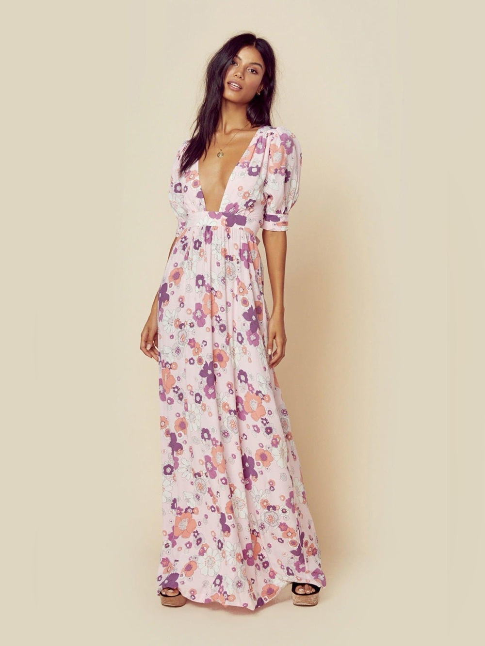For Love & Lemons Magnolia Maxi Dress in Pink Blossom size S